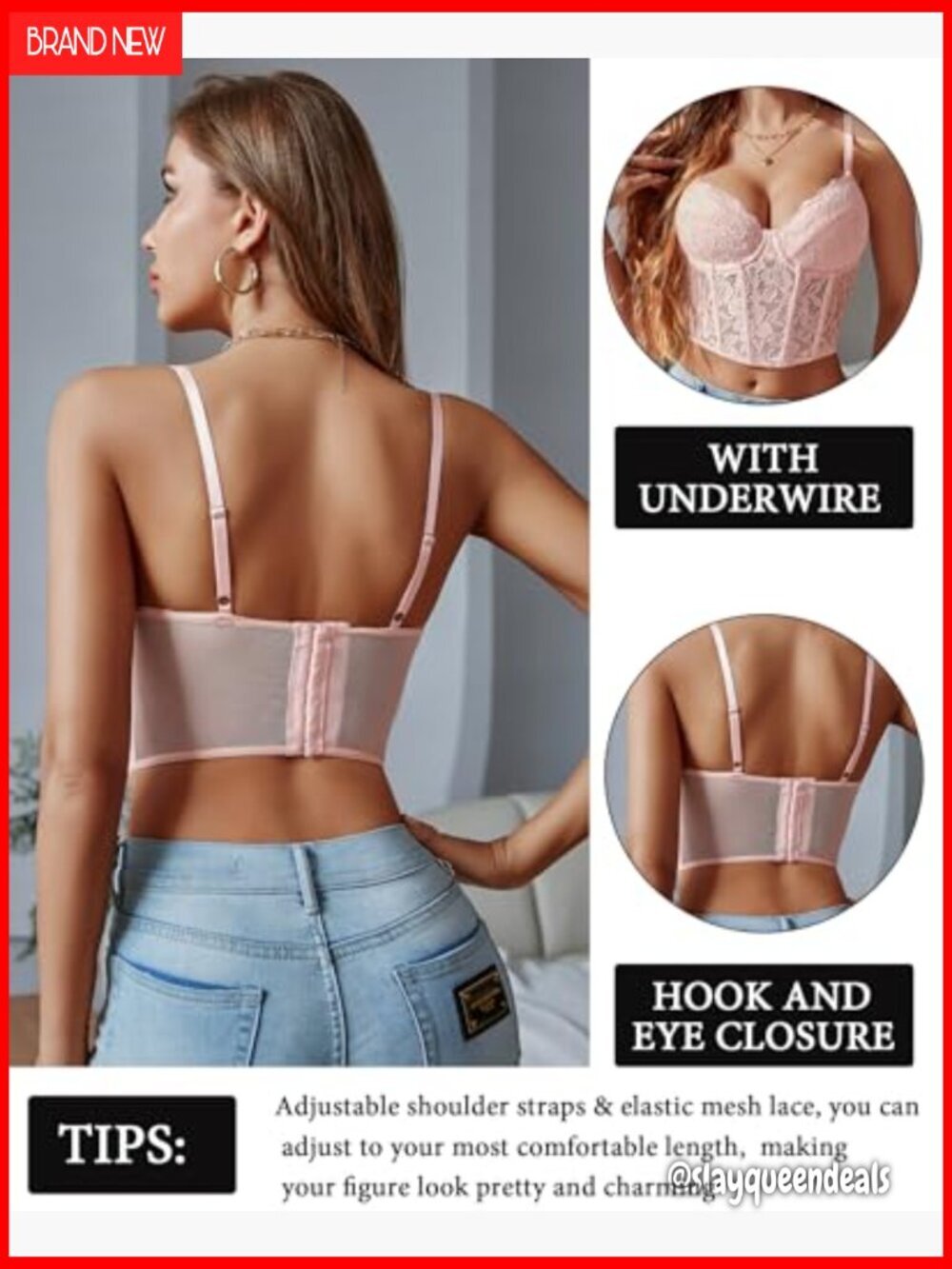 Lace Bralette Crop Top with Underwire Adjustable Racerback Strap - Picture 3 of 7